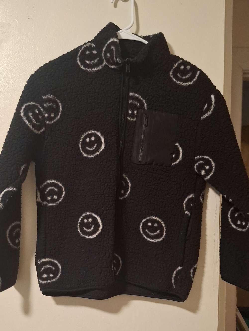 Old Navy Black Sherpa Jacket with White Smiley Print